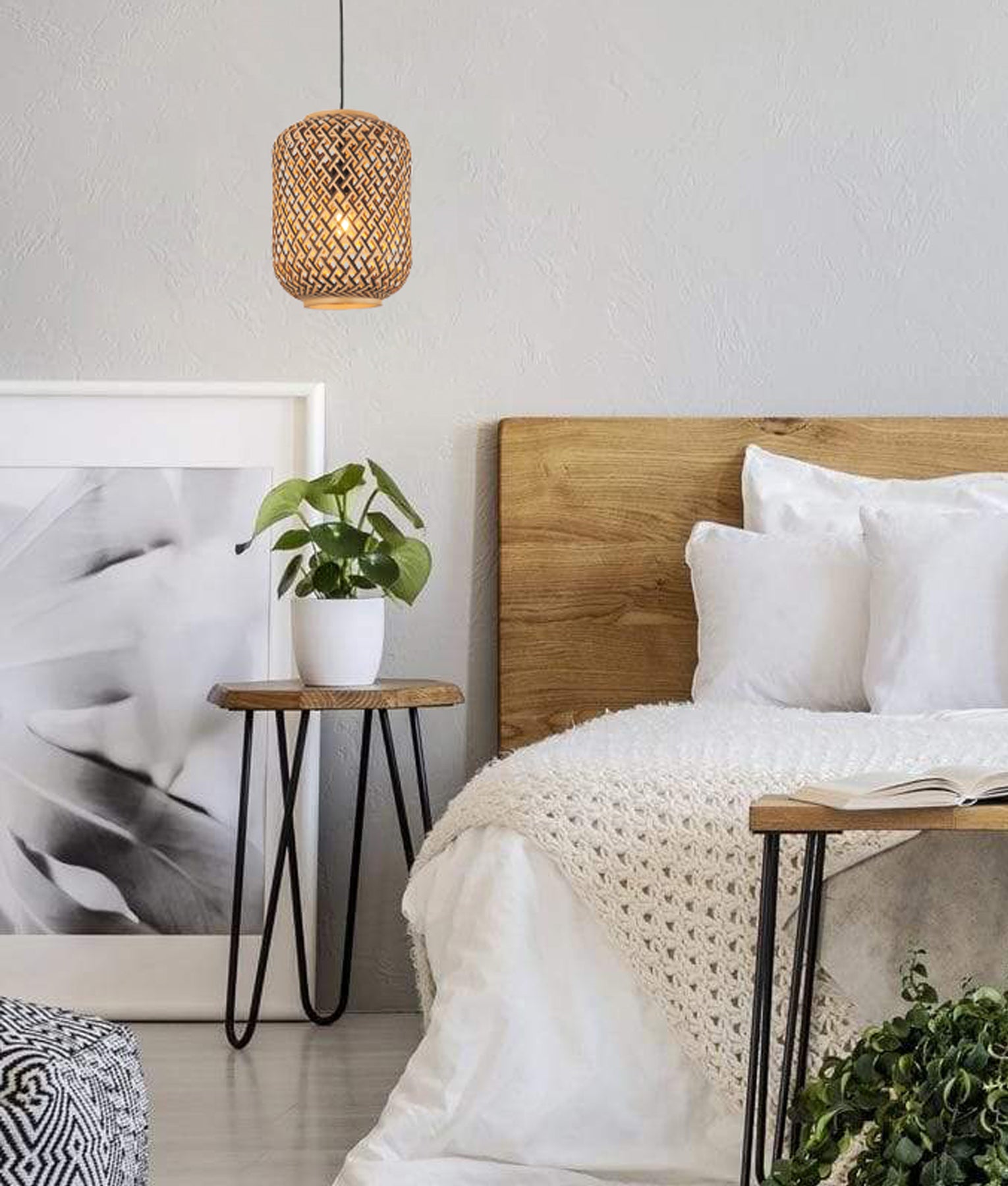 Bohemian Interior Cylinder Brown/Natural Bamboo Cage Pendant Light