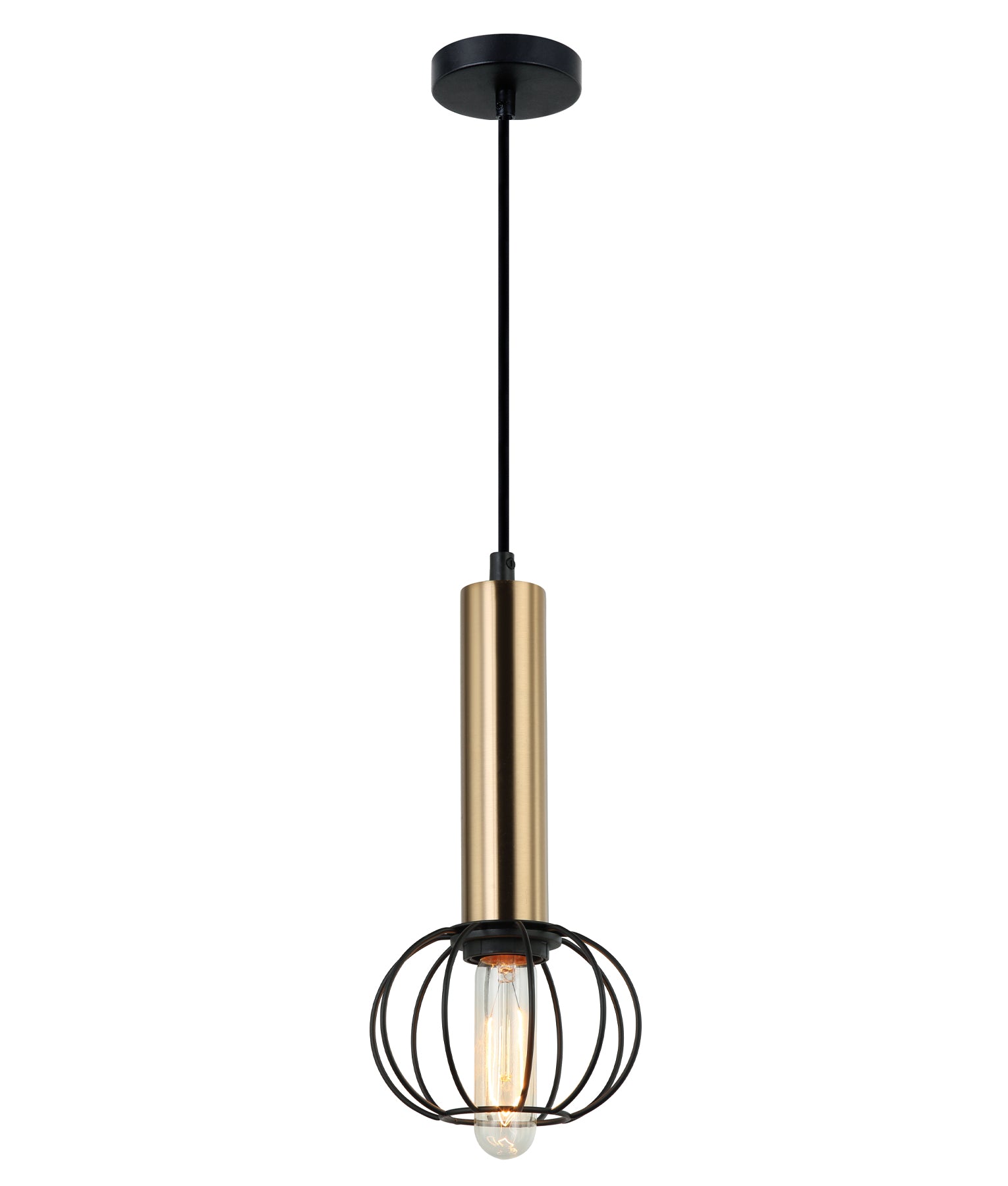 Interior Antique Brass and Matt Black Round Cage Pendant Light