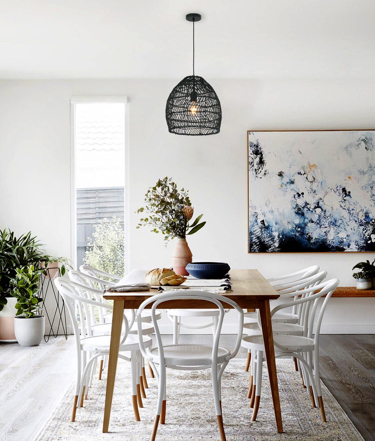 Bohemian Interior Rattan Matte Black Ellipse Pendant Light