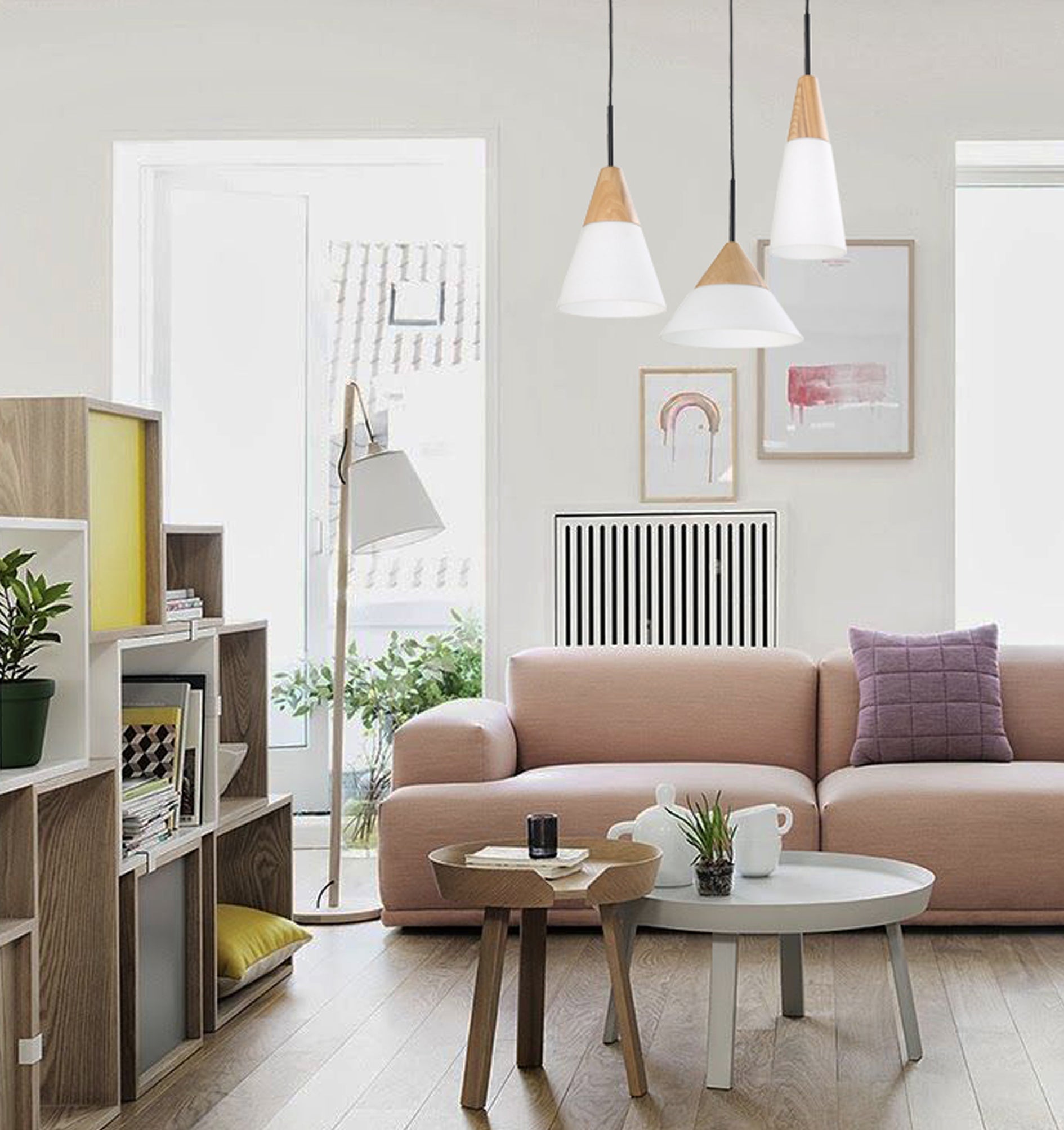 Modern Retro Scandinavian Blonde Wood & Opal Glass Pendant Light (wide)