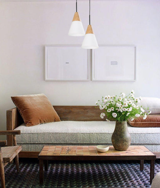 Modern Retro Scandinavian Blonde Wood & Opal Glass Pendant Light (medium)