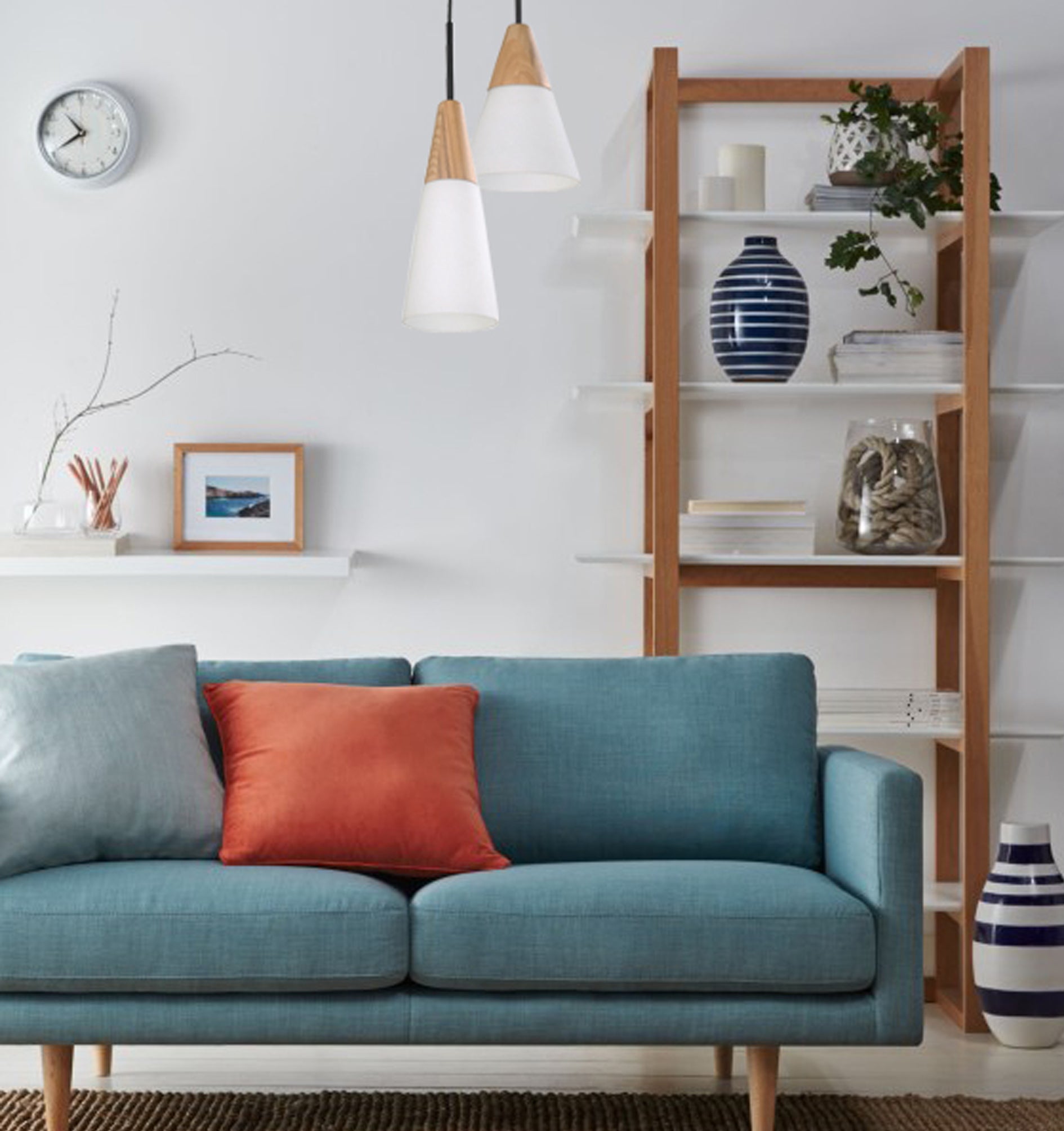 Modern Retro Scandinavian Blonde Wood & Opal Glass Pendant Light (long)