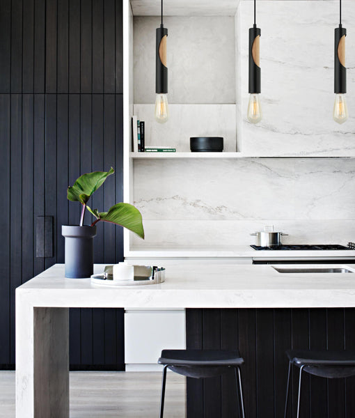 Interior Iron & Blonde Wood Tube Pendant Lights