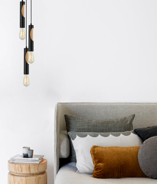 Interior Iron & Blonde Wood Tube Pendant Lights