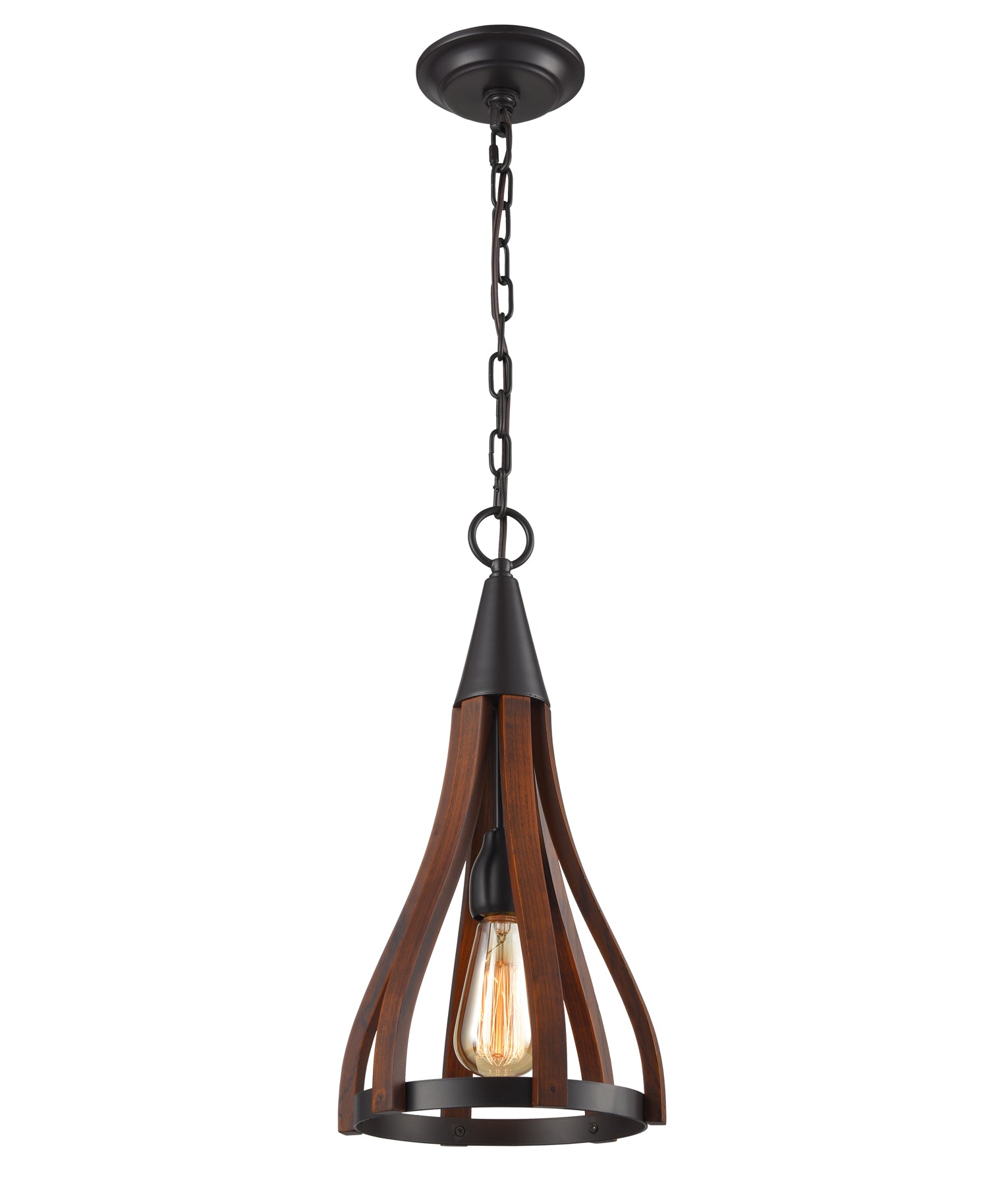Medieval Style Rustic Oak Dark Red Wood Small Bell Shape Pendant Light