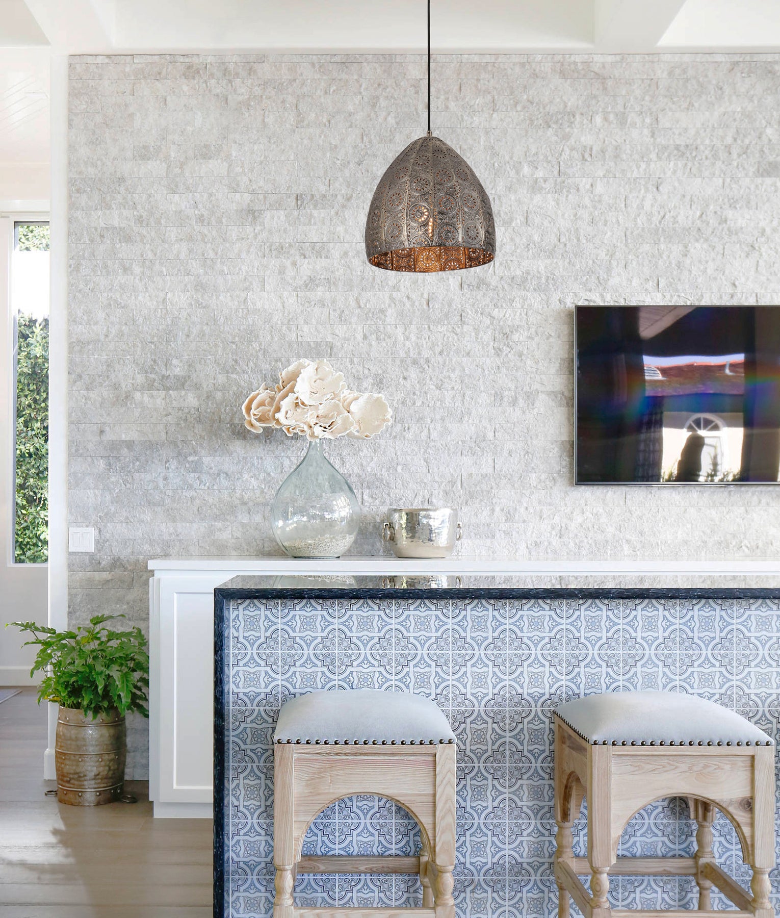 Bohemian Interior Embossed Ellipse Aged Brass Steel Ombre Pendant Light