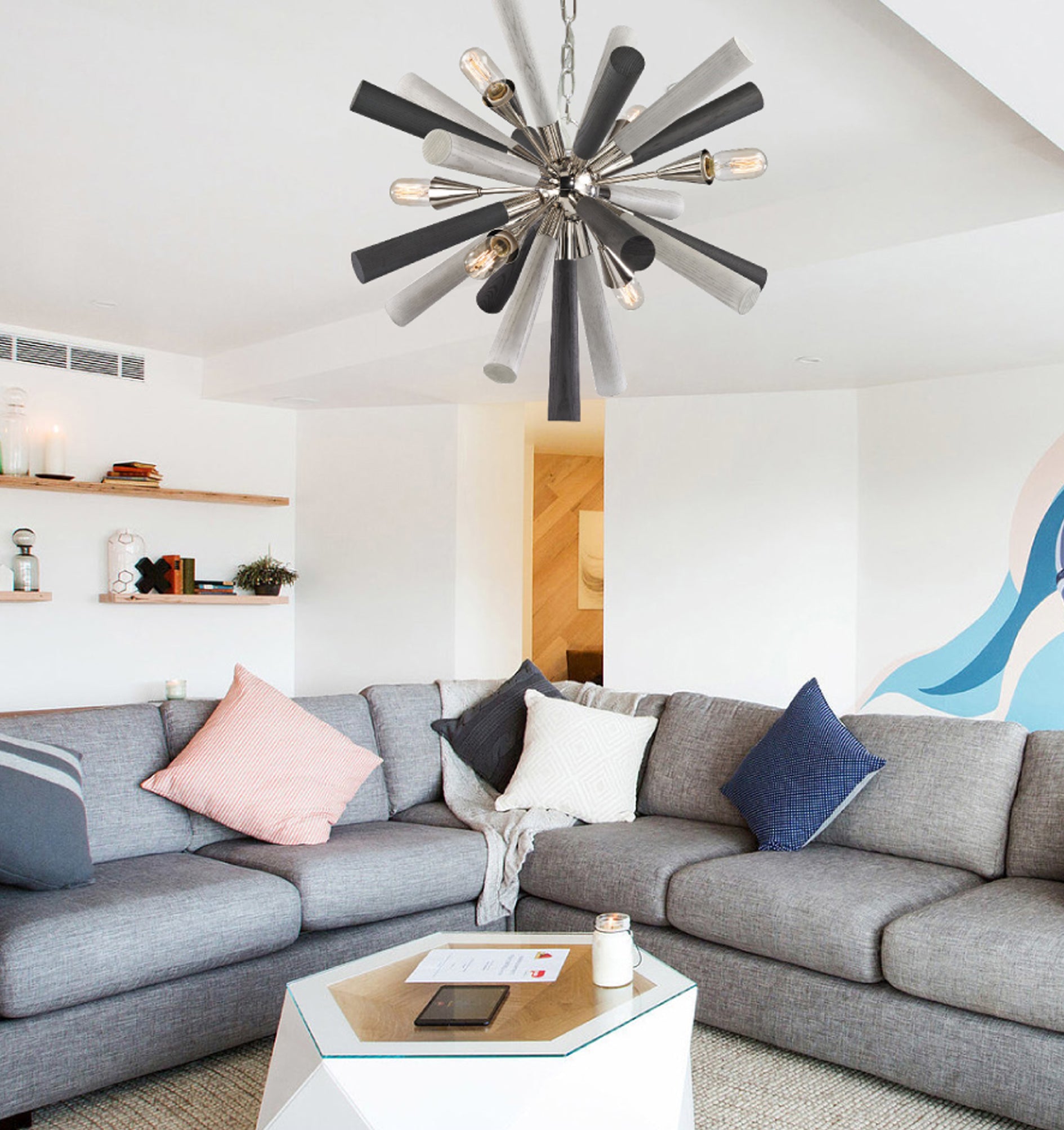 Modern Abstract Polished Nickel / Dark-Light Grey Washed Wood Pendant Light