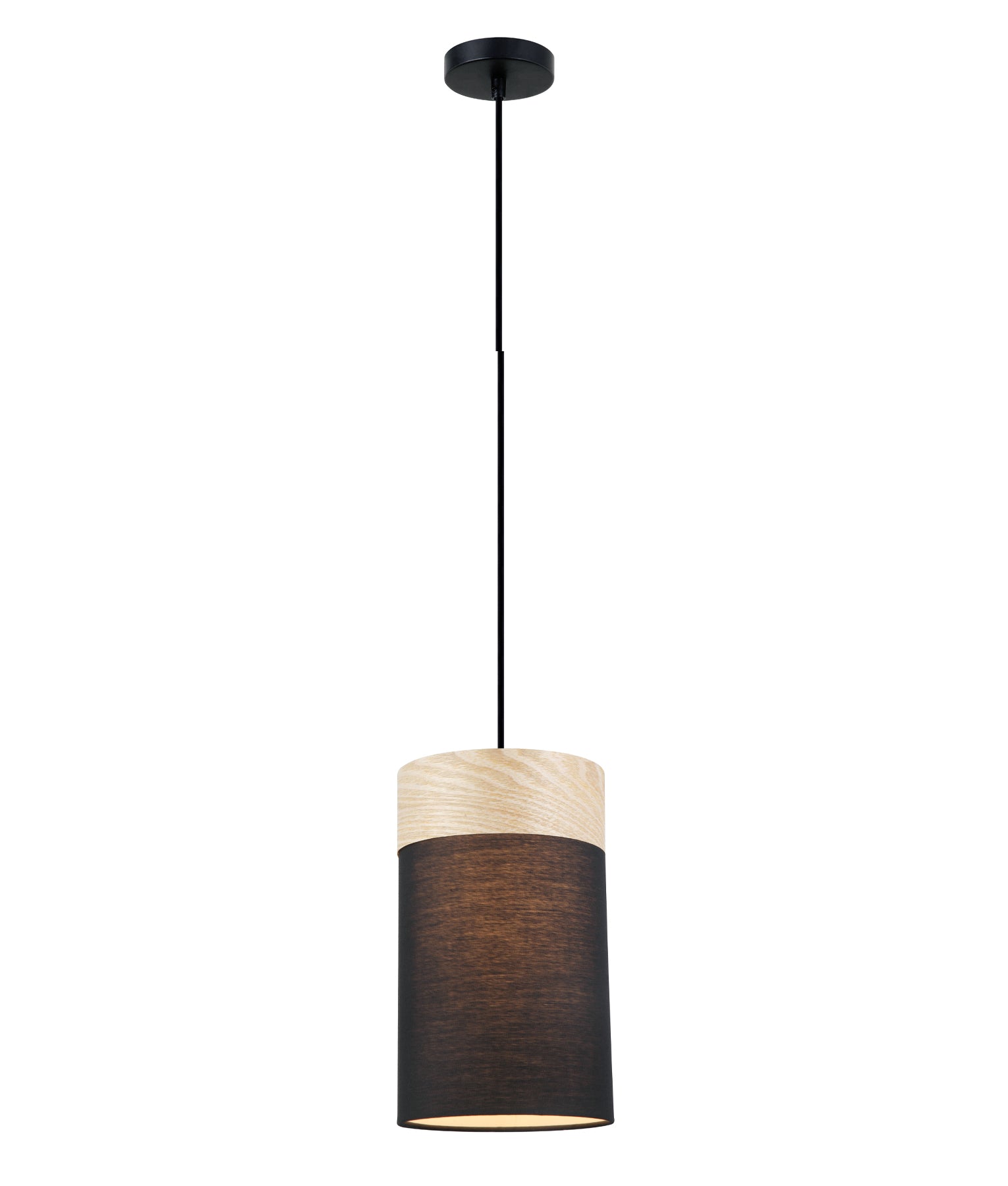 Traditional Scandinavian Small Round Cloth Shade with Wood Veneer Trim Pendant Light