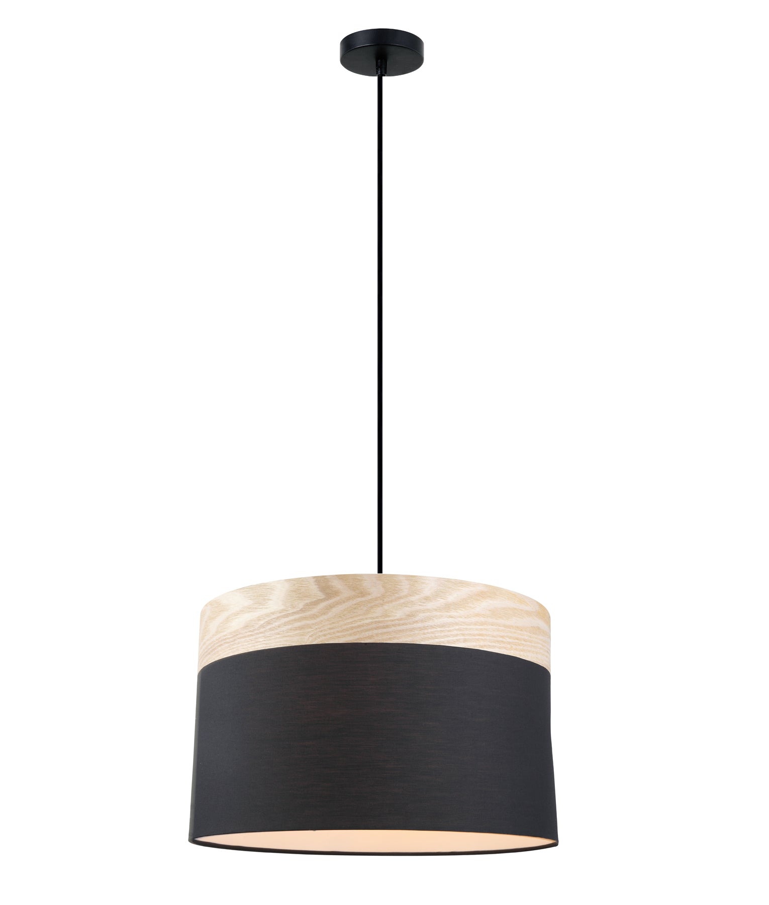 Traditional Scandinavian Large Drum Cloth Shade with Wood Veneer Trim Pendant Light