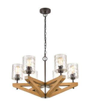 Retro Interior Candelabra Oak Wood with Clear Blown Dimpled Glass Pendant Light