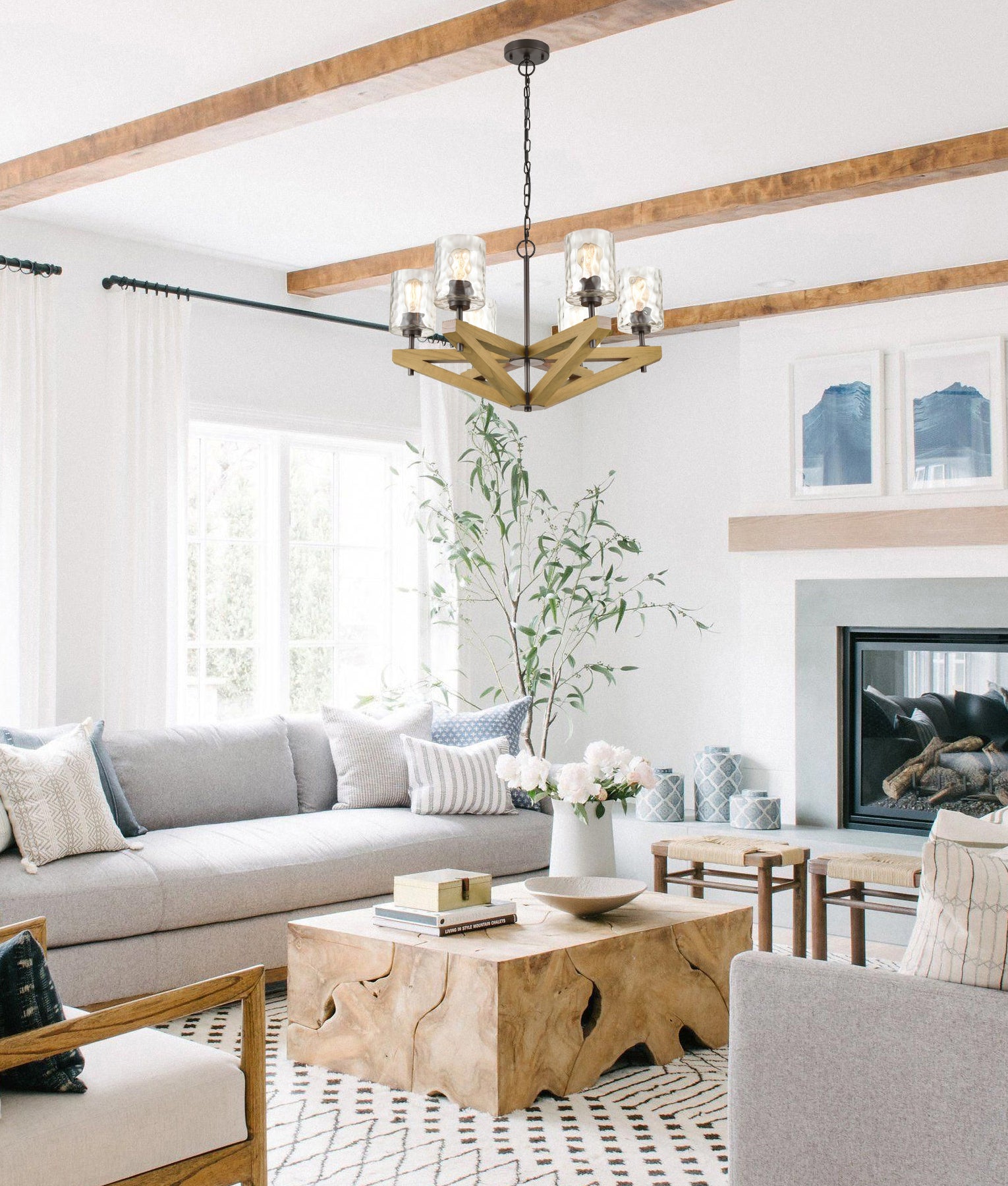 Retro Interior Candelabra Oak Wood with Clear Blown Dimpled Glass Pendant Light