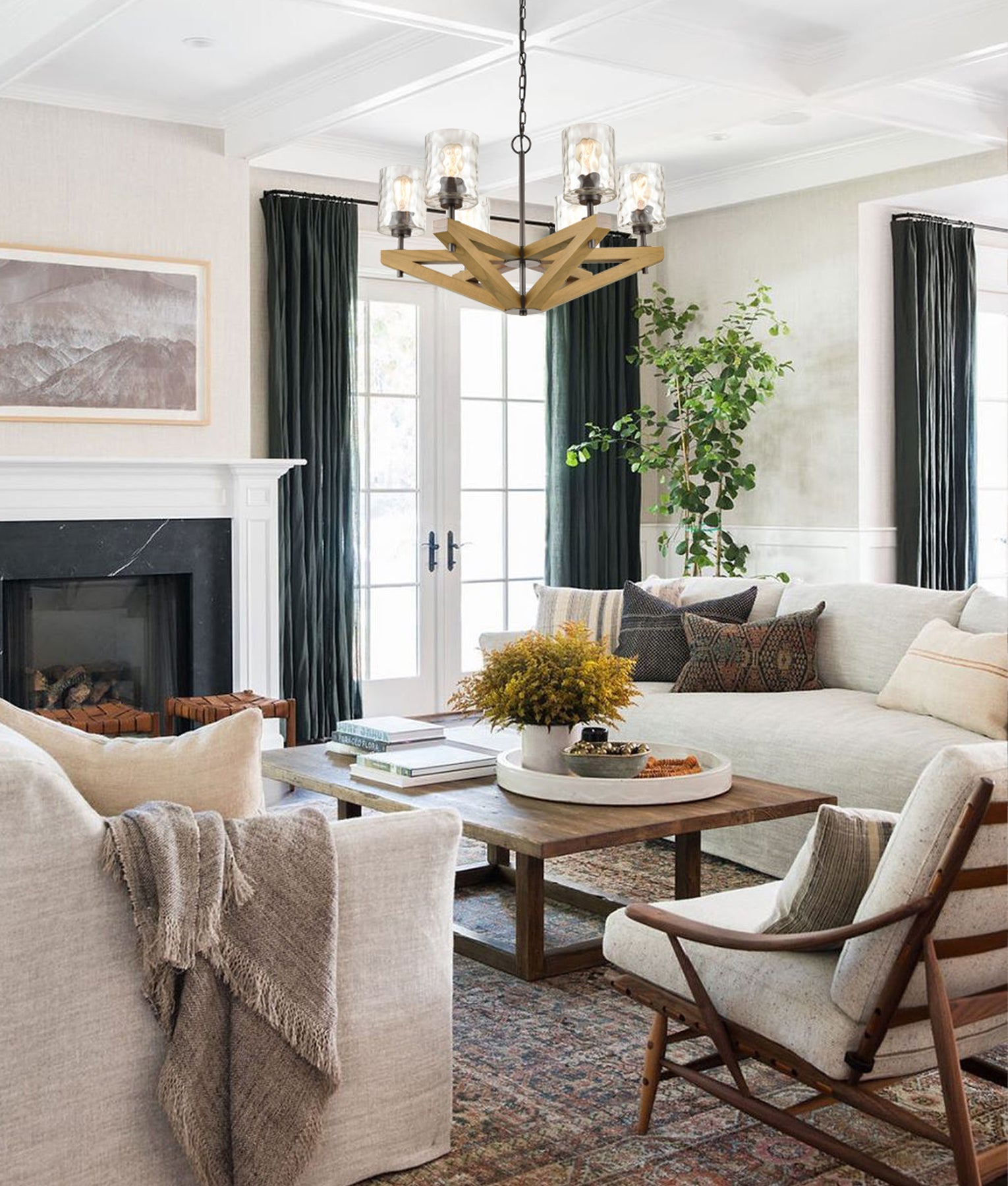 Retro Interior Candelabra Oak Wood with Clear Blown Dimpled Glass Pendant Light